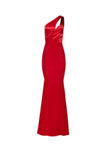 Betty - Red Satin Gown with One-Shoulder Sleeve