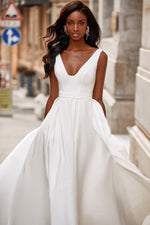 Keri Gown - White Crepe A-Line Bridal Gown with V-Neckline & Slit