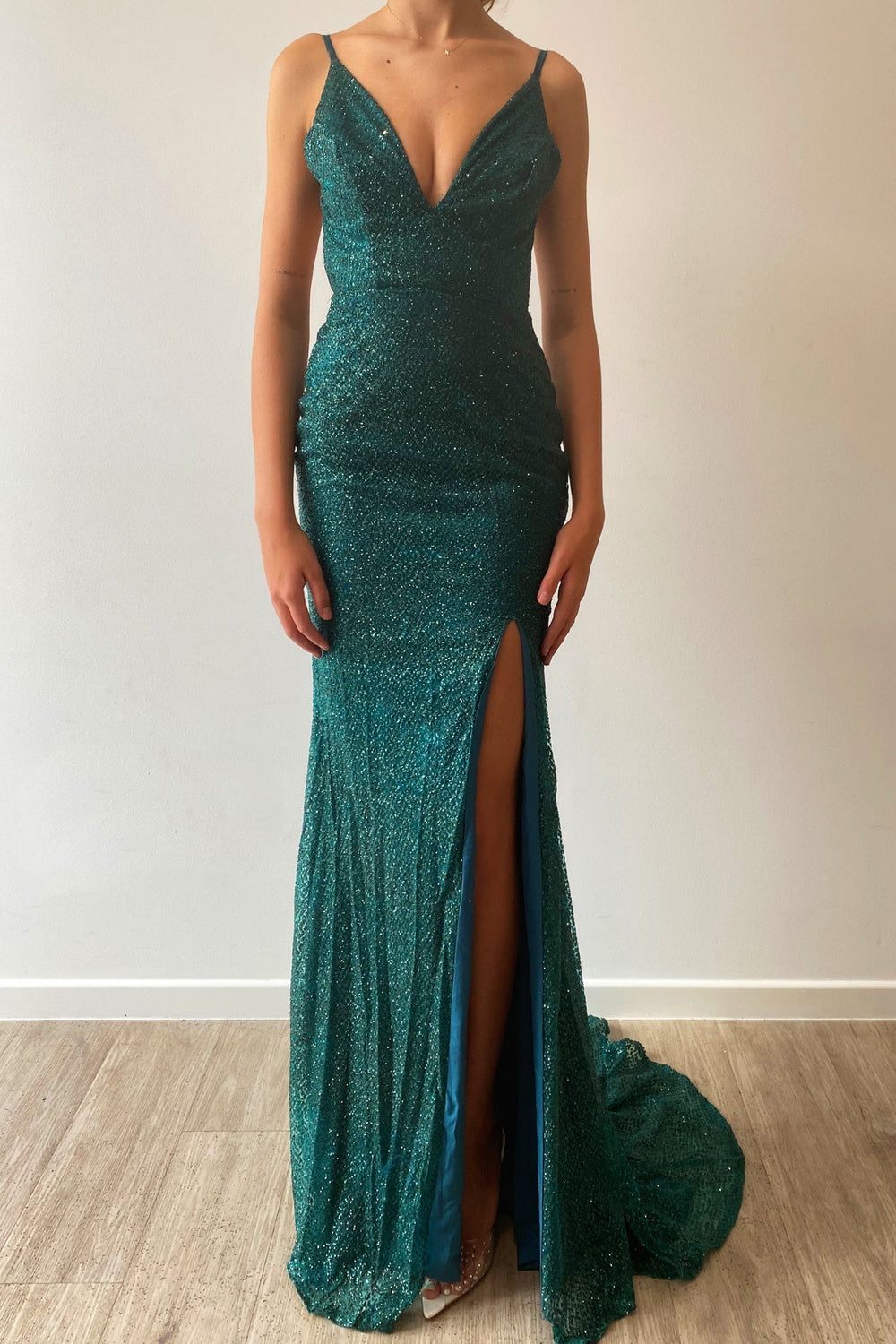 Sample Gown 62 - Emerald Glitter Gown with Side Slit