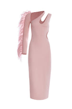 Eden Pink Midi Dress with Feather Trim Sleeve and Waist Cut-Out