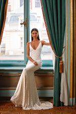 Abriana - White Sequin Gown with Plunge Neckline and Mermaid Train