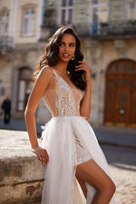 A&N Cecile - White & Silver Appliqué Boho Bridal Gown With Slit
