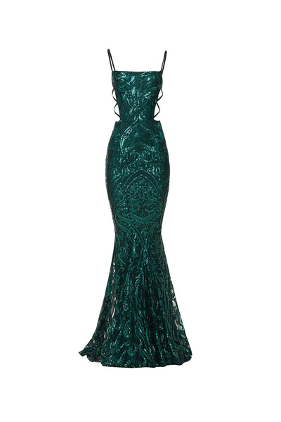 Electra - Emerald Sequin Gown with Lace-Up Sides and Straight Neckline