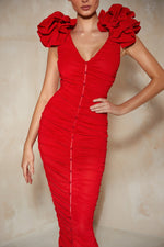 Monica Red Midi Dress with Rose Statement Sleeves 