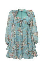 Aitana Teal Floral Mini Cut-Out Dress with Long Sleeves