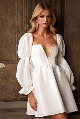 Faith - White Taffeta Mini Dress with Plunge Neck and Long Sleeves