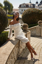 Suzette Dress - Iridescent Midi Dress with Sheer off-Shoulder Sleeves