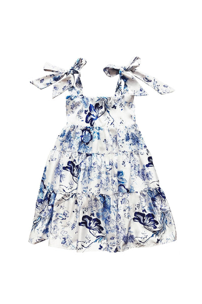 Ksenia Kids Dress - Blue & White Floral Maxi Dress with Tie-Up Sleeves