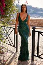 Luan - Emerald Sequin Gown with Plunge Neckline