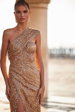 Corinna - Gold Beaded Gown with Off-Shoulder Detail