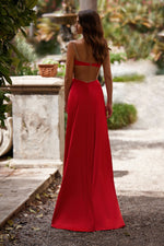 Melinda - Red Satin Gown with Diamante Straps and Bow Ties