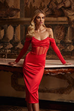 Ramiza Satin Red Dress with Long Off-Shoulder Sleeves