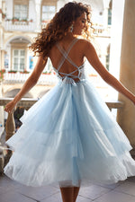 Jolie Dress - Baby Blue Tulle Midi Dress with Lace-Up Back