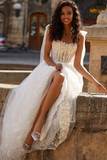 A&N Cyrene - White Boho Bridal Gown with Structured  Floral Bustier