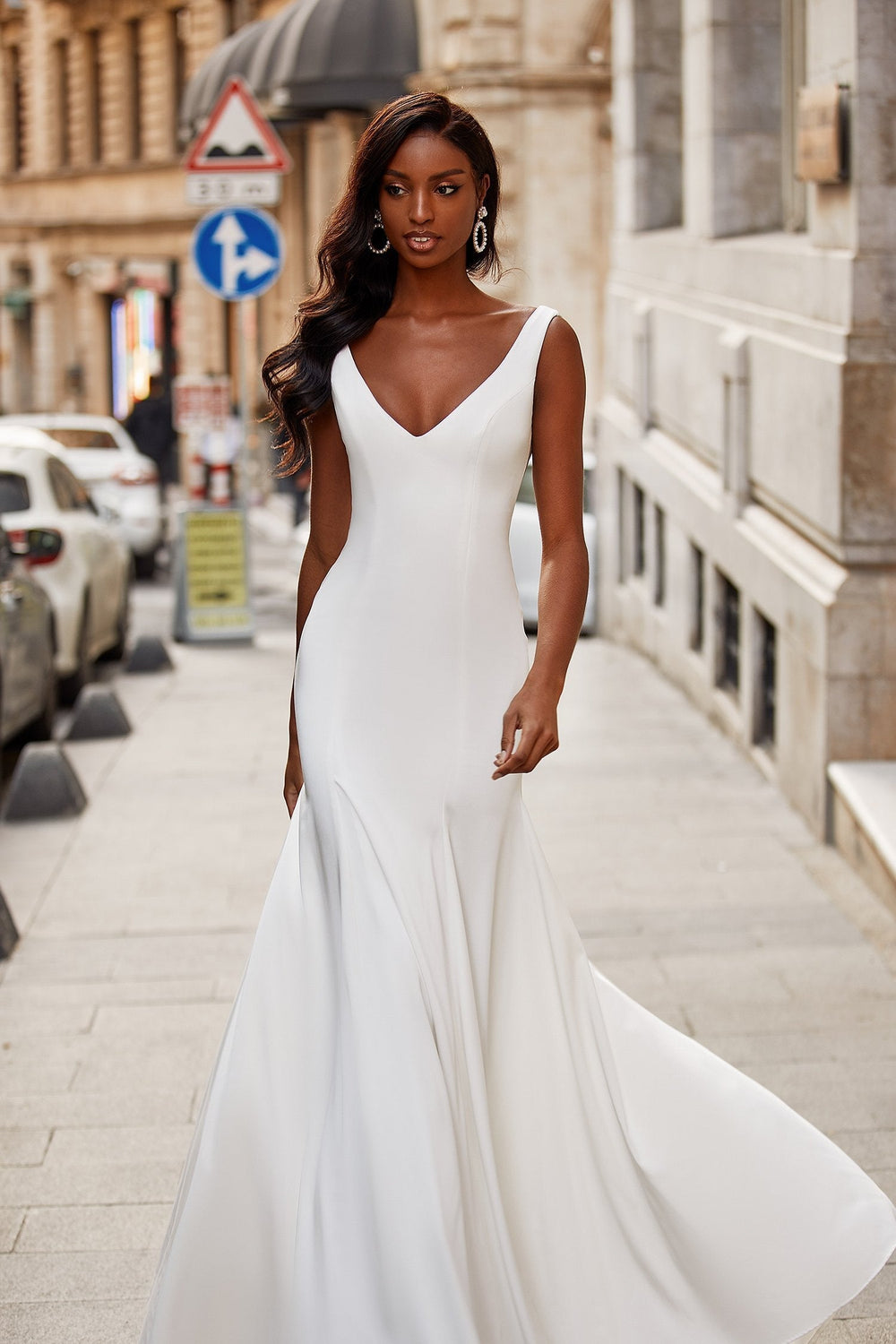 Katelyn Gown - White Crepe Mermaid Backless Bridal Gown with V-Neck