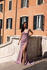 Clarice - Mauve Backless Shimmering Lurex Gown with Cowl Neck & Slit