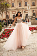 Litzy - Baby Pink Beaded A-Line Tulle Gown with Open Back