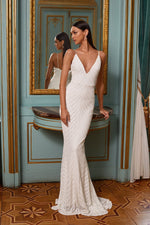 Abriana - White Sequin Gown with Plunge Neckline and Mermaid Train