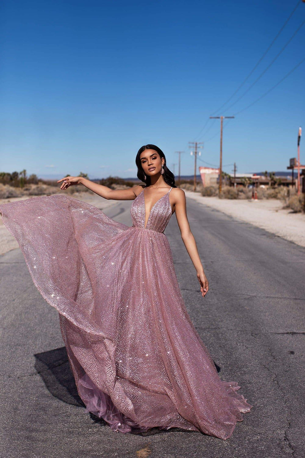 A&N Luxe Electra - Rose Gold Glitter A-Line Backless Plunge Neck Gown 