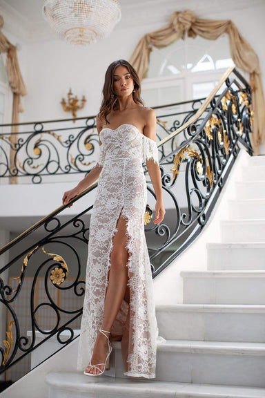 Adabelle - White Lace Off-Shoulder Gown With Side Slit & Nude Lining
