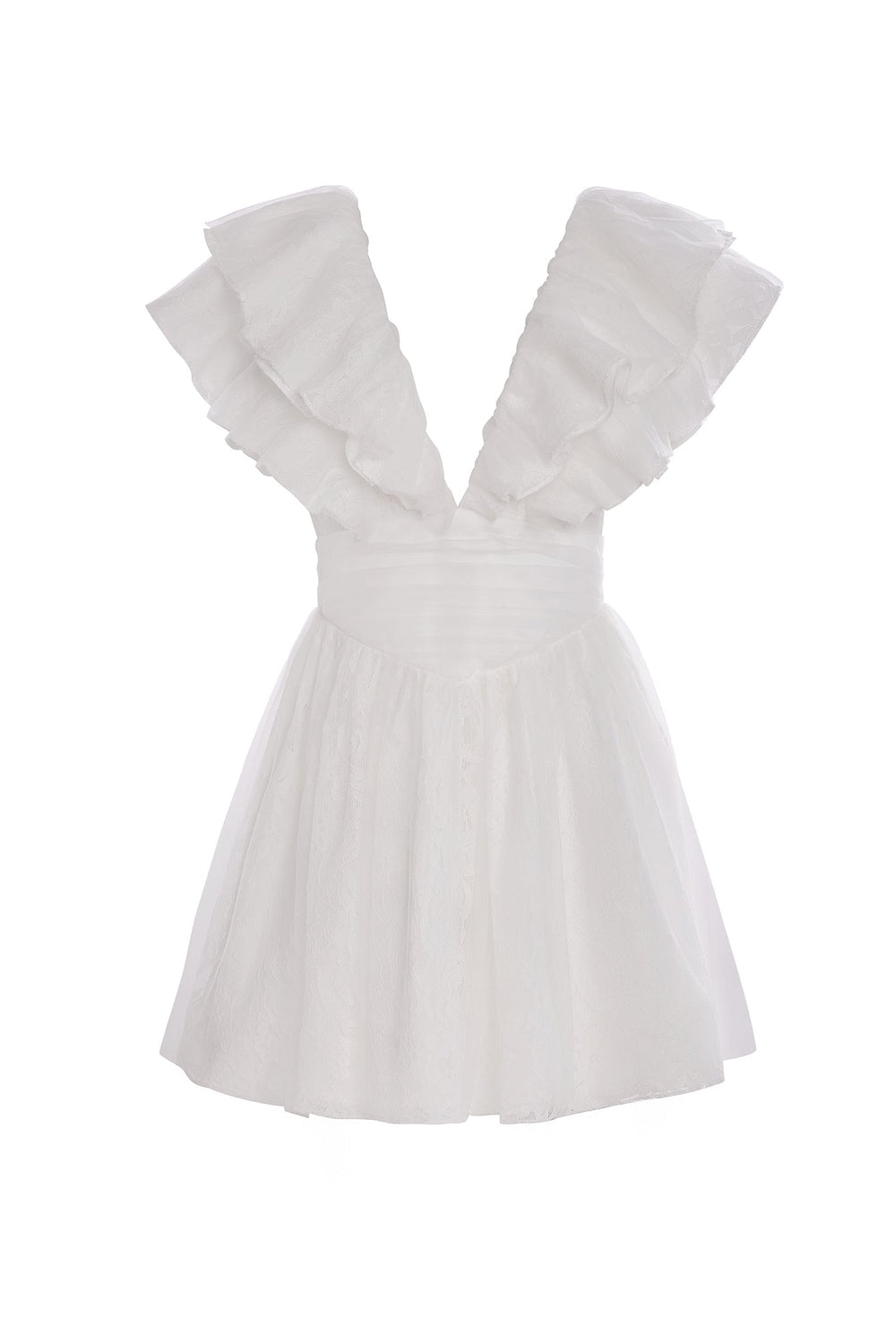 Tciana - White Lace Mini Dress with Plunge Neckline & Accent Sleeves