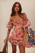 Shailee Ruched Dress - Pink Floral Off-Shoulder Mini Dress With Frills