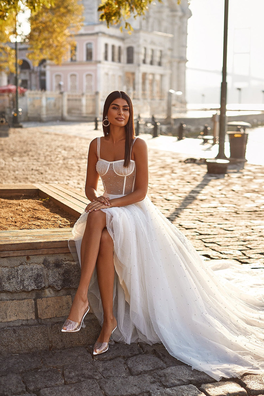 Jubaila Gown - Sheer Bustier Bridal Gown with Tulle and Pearls
