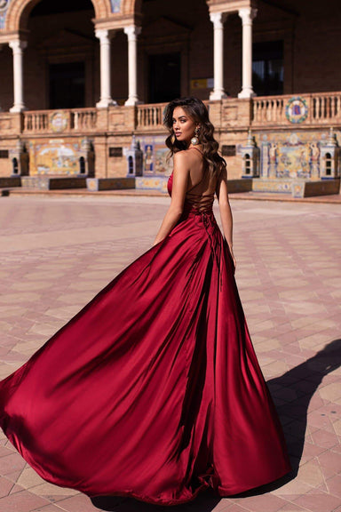 Loretta - Red Satin Gown with Plunge Neck, Front Slits & Lace-Up Back