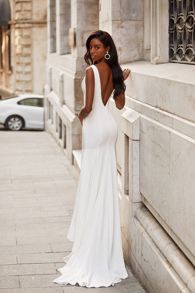Katelyn Gown - White Crepe Mermaid Backless Bridal Gown with V-Neck