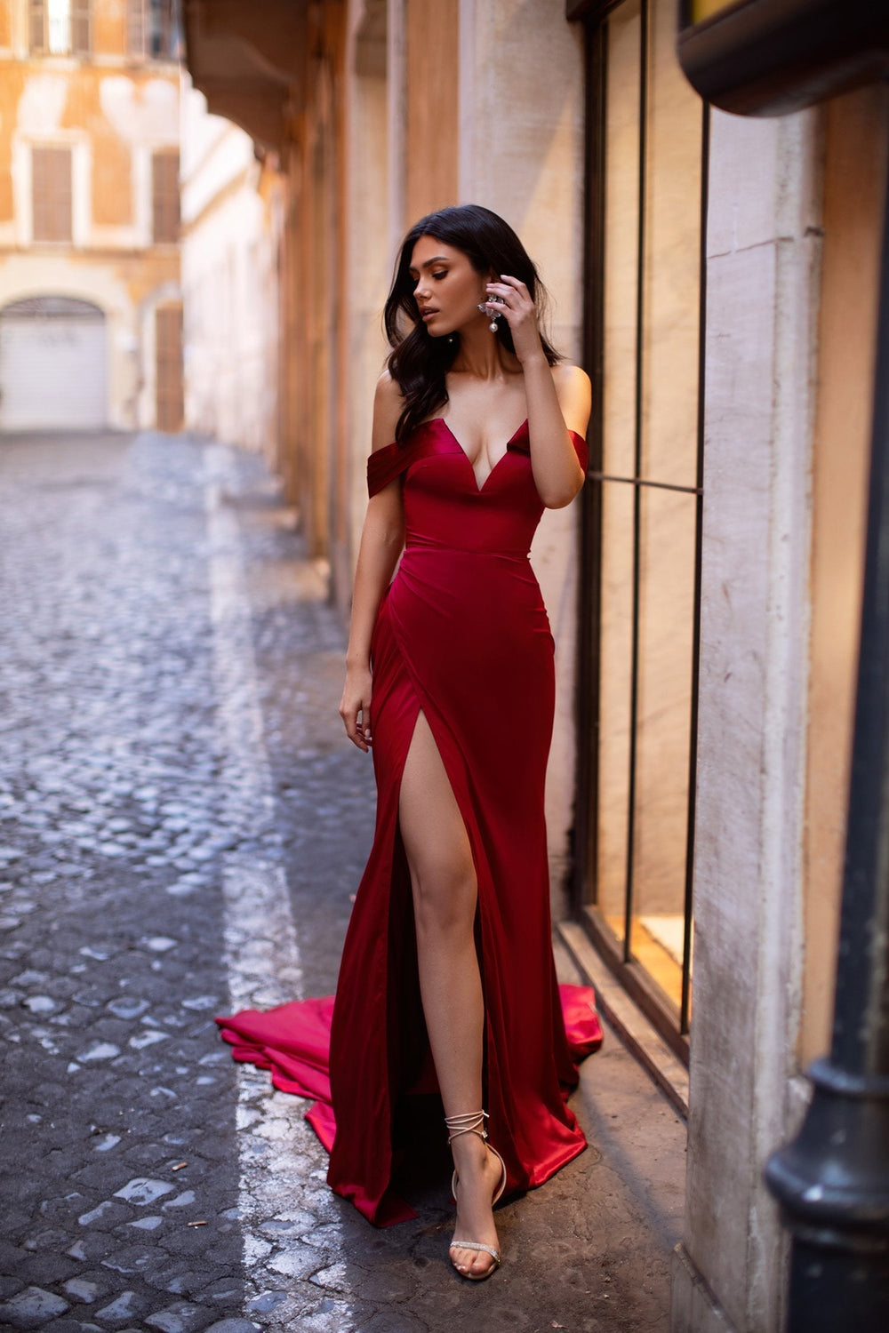 Lorenza - Red Off-Shoulder Satin Gown with Side Slit & Mermaid Train