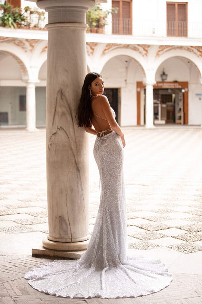 Lili Sequin Gown - Silver Alamour The Label Lili Silver Sequin Plunge Neck Gown | Afterpay | Zip Pay | Sezzle