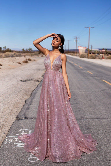 A&N Luxe Electra - Rose Gold Glitter A-Line Backless Plunge Neck Gown 