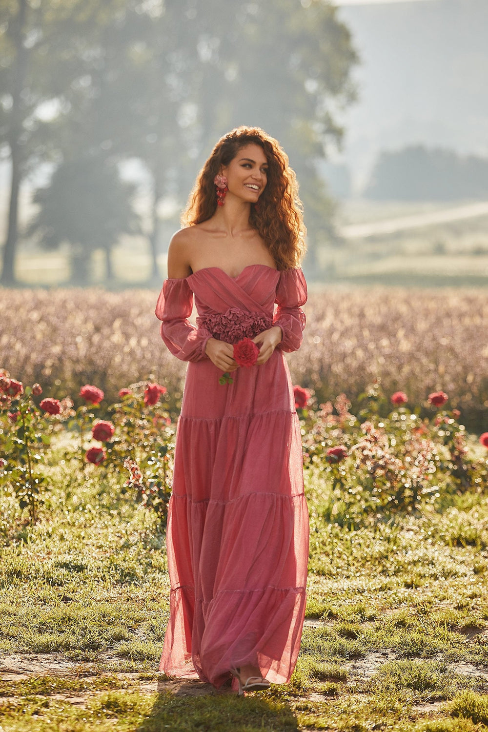 Aleeza Rosy Iridescent Mesh Maxi Dress