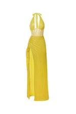 Mimi - Lime Sequin Halter Dress with Sheer Boned Bodice with Frill Side and Side Slit