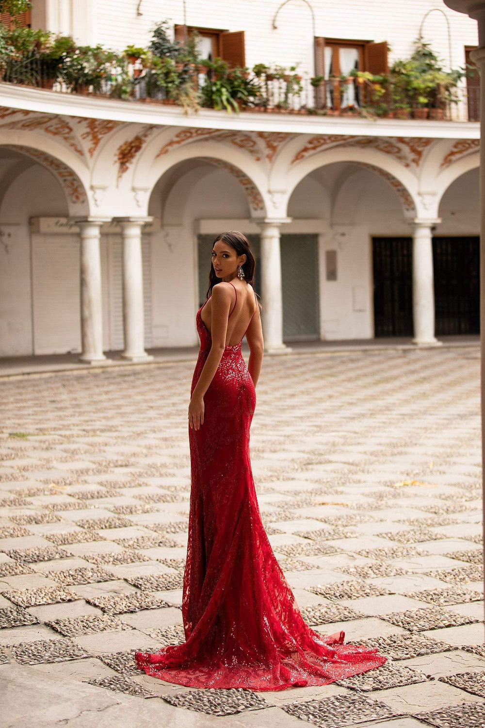 red backless dress Rendira Sequin Gown