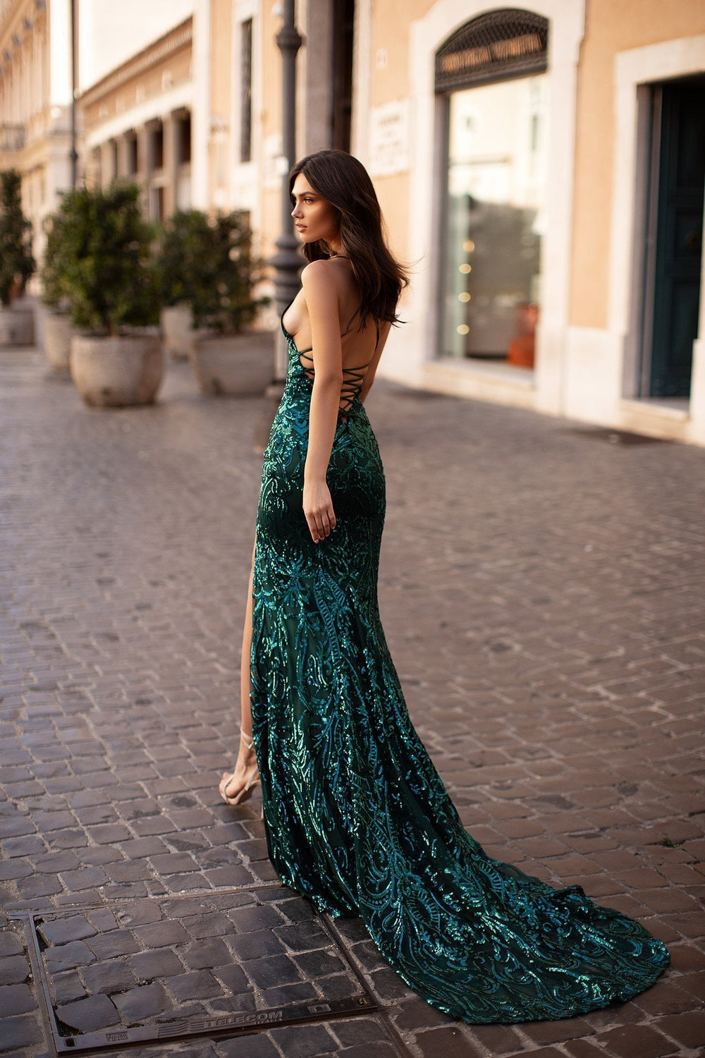 Genelle - Emerald Sequin Gown with Lace-Up Back and Side Slit
