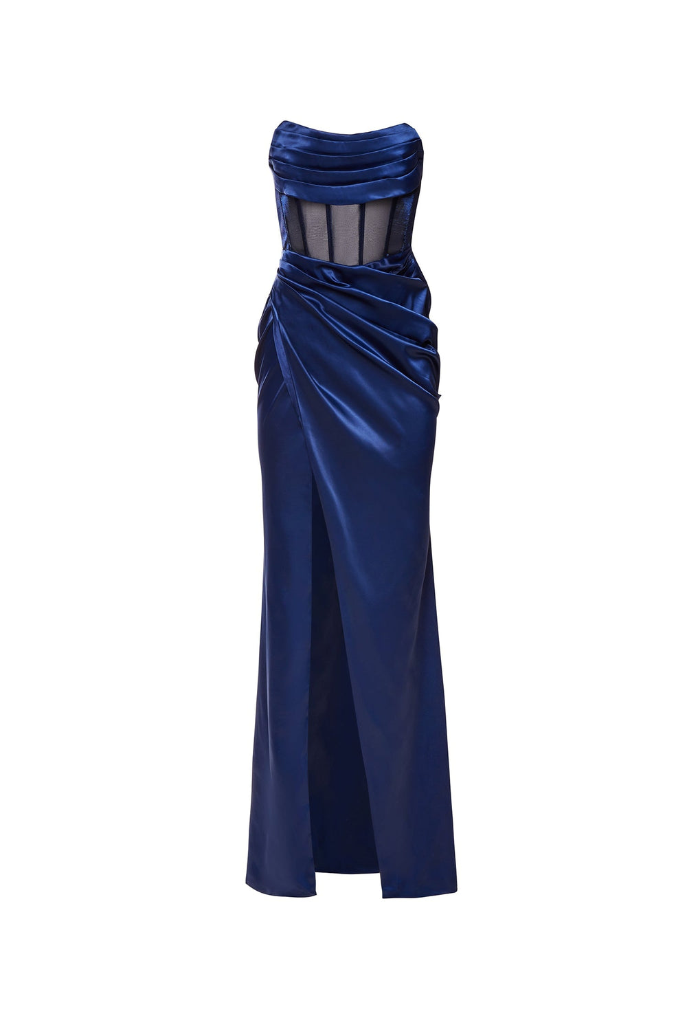 Ingrid - Navy Satin Gown with Sheer Boned Bodice and Side Slit