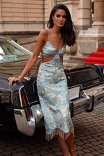 Lena Dress Alamour The Label Lena Blue & Gold Jacquard Midi Dress | Afterpay | Klarna | Zip Pay