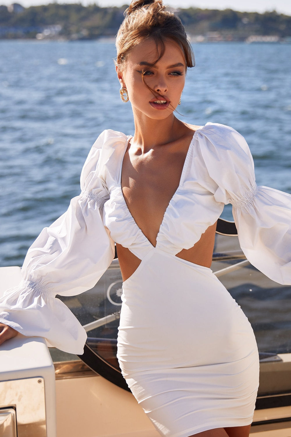 Miliani Dress - White Fitted Mini with Statement Sleeves & Cut Out Waist