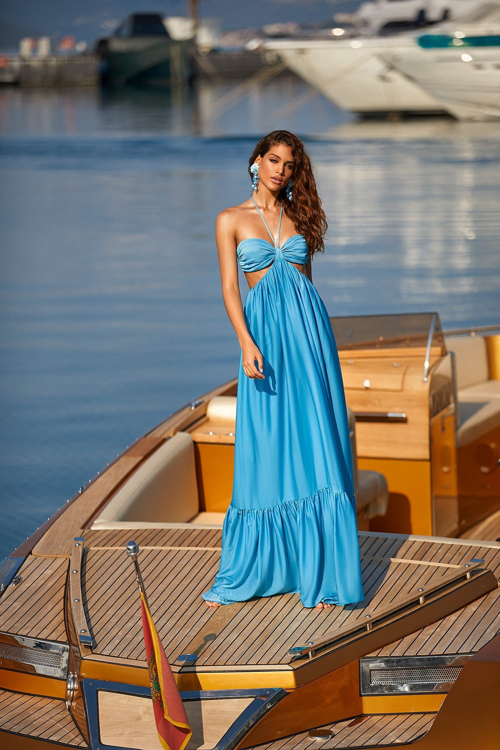 Arella Blue Halter Maxi Dress with Waist Cut-Outs