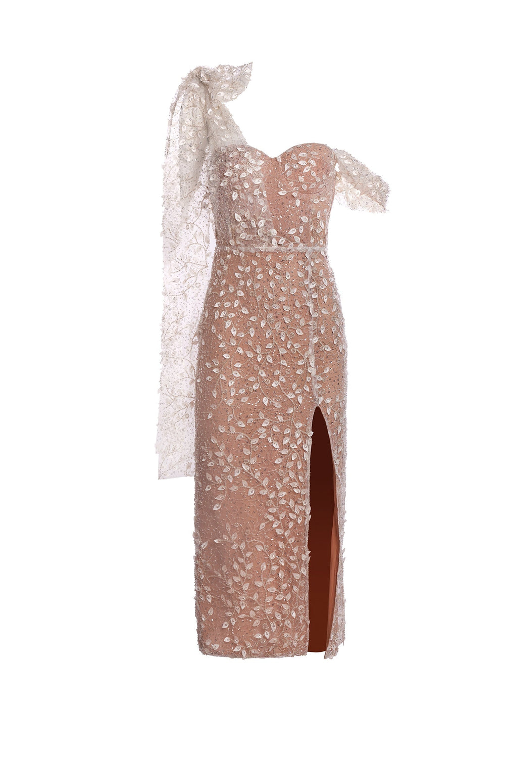 Gabbie Beaded Dress with Shoulder Sleeve Bow and Side Slit