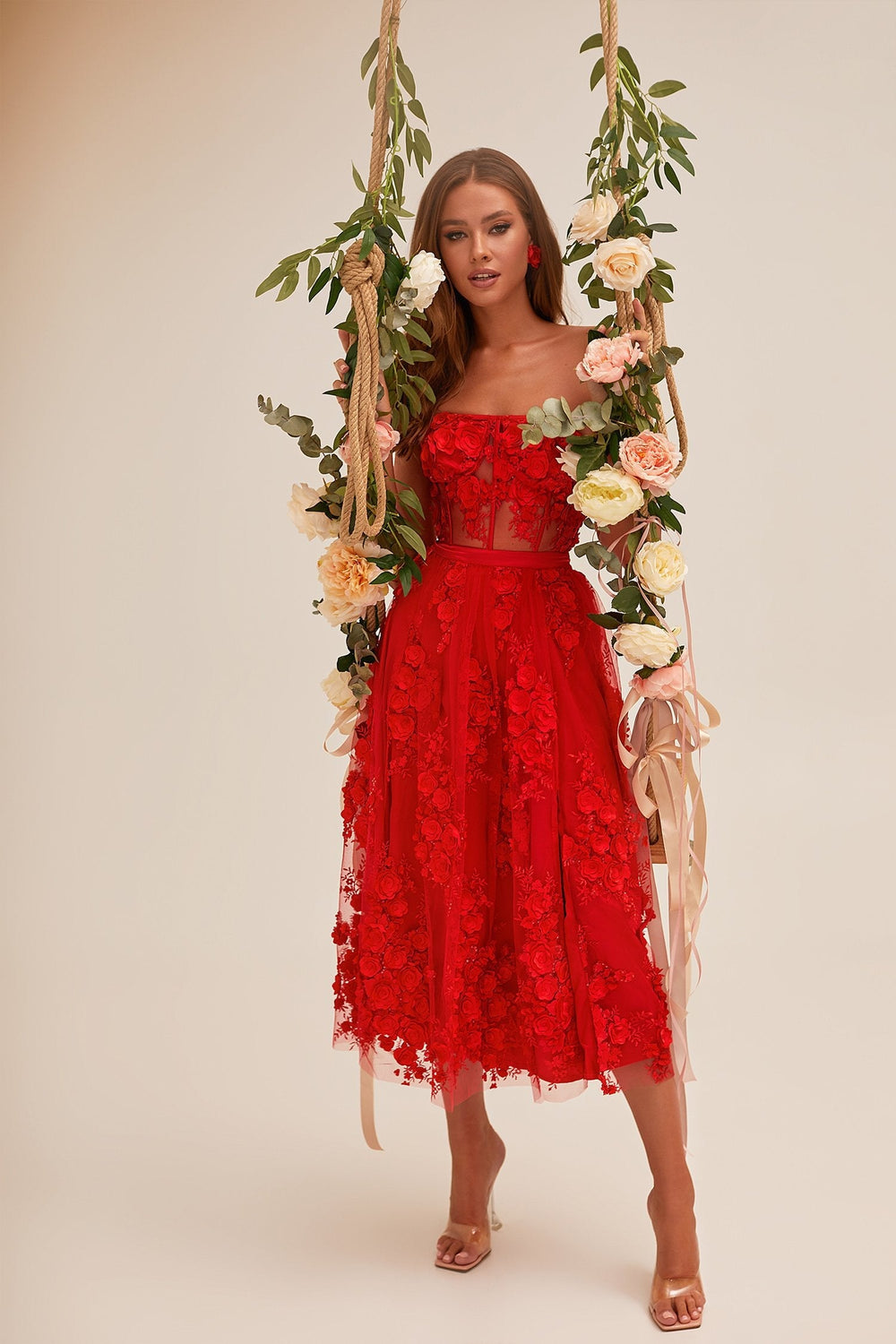 Dakota Dress - Red 3D Floral A-Line Midi Dress with Lace-Up Back