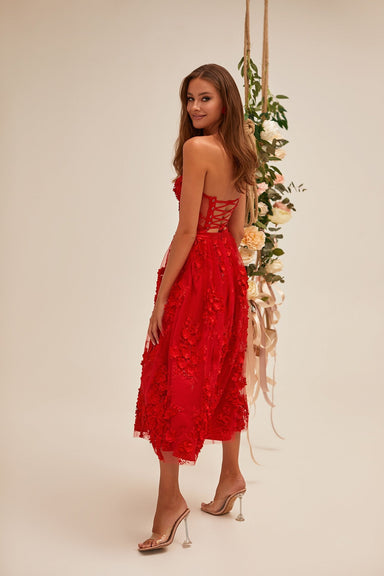 Dakota Dress - Red 3D Floral A-Line Midi Dress with Lace-Up Back