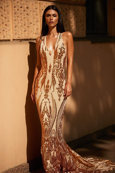 Ariya - Gold Sequin Backless Mermaid Gown with Plunge Neck & Train