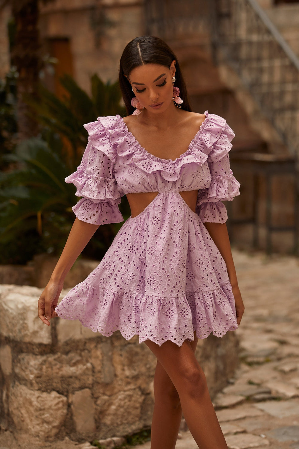 Roselle Lilac Frill Dress with Waist Cut-Outs and Off-Shoulder Sleeves