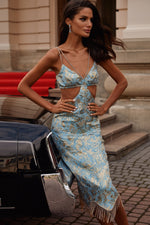 Lena Dress - Blue & Gold Midi Dress with Cut-Outs & Diamante Detailing