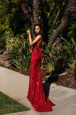 A&N Luxe Ciara Gown - Red Sequins V Plunge Neckline With Lace Up Back 