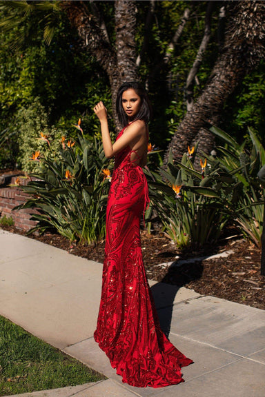 A&N Luxe Ciara Gown - Red Sequins V Plunge Neckline With Lace Up Back 