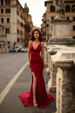 Maya - Wine Red Cowl Neck Gown with Low Back, Knot Detail & Side Slit
