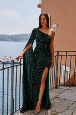 Tura - Emerald Sequin Gown with Single Long Sleeve